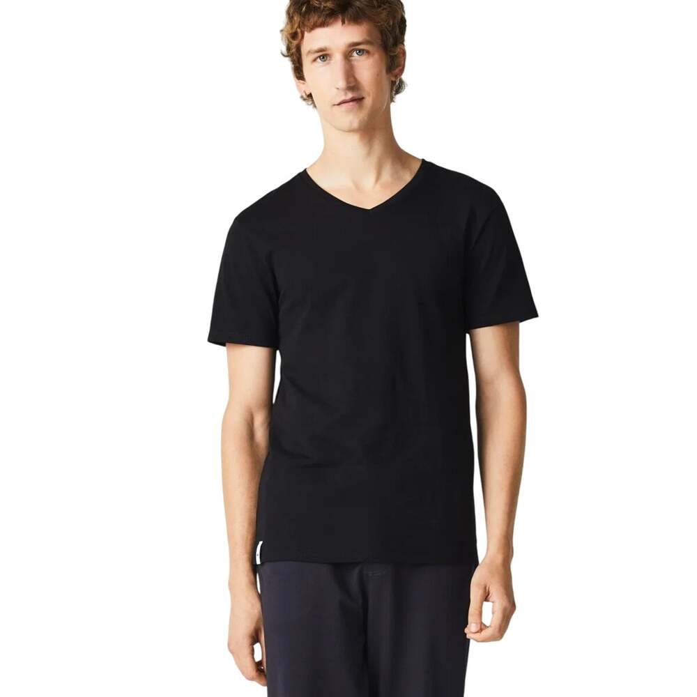 Lacoste Men Medium Black Cotton Jersey Preppy Short Sleeve V-Neck T-Shirt I8-20